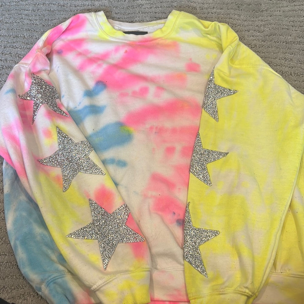 Tie dye multicolor sweatshirt for women! Sparkly stars on sleeves. From LF
